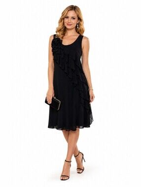 Nic & Dom NWT Navy Blue A-Line Waterfall Ruffles Floral Shoulder Emb Size PXL